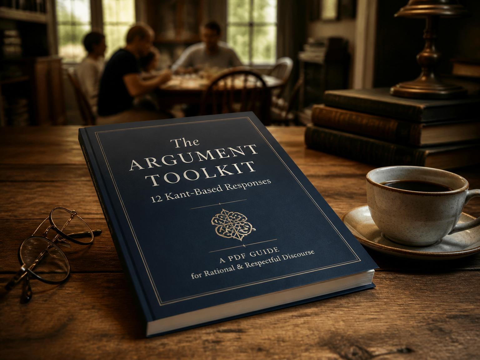 The Argument Toolkit PDF resting on a wooden table with reading glasses and coffee, family dinner blurred in the background
