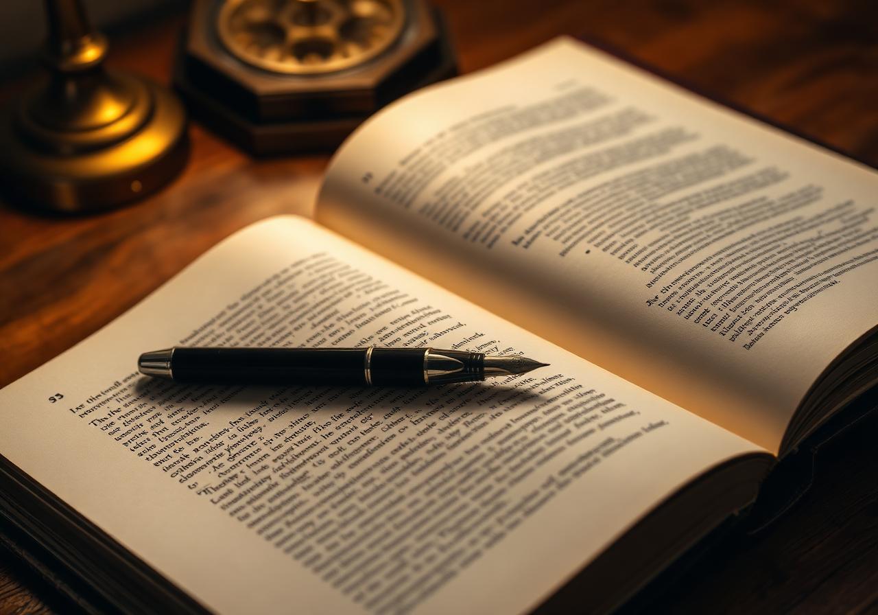 An open book beside a fountain pen on a warm wooden desk under lamp light